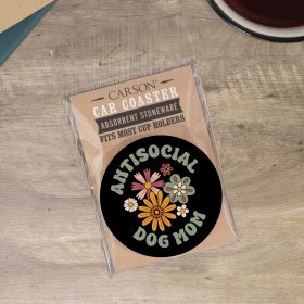 "Antisocial Dog" Round Car Coaster - Packaged