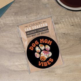 "Dog Mom Vibes" Round Car Coaster - Packaged