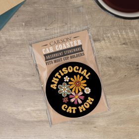 "Antisocial Cat" Round Car Coaster - Packaged