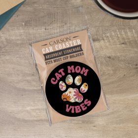"Cat Mom Vibes" Round Car Coaster - Packaged