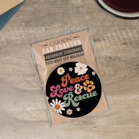 "Peace Love & Rescue" Round Car Coaster - Packaged