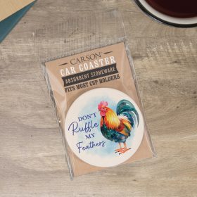 "Ruffle Feather" Round Car Coaster - Packaged