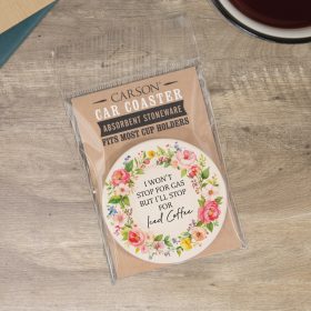 "Stop for Coffee Round Car Coaster - Packaged