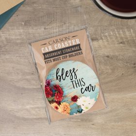 "Bless This Car" Round Car Coaster - Packaged