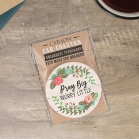 "Pray Big Worry Little" Round Car Coaster - Packaged