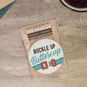 "Buckle Up" Round Car Coaster - Packaged