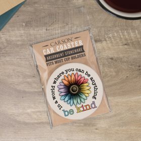 "Be Kind Flower" Round Car Coaster - Packaged