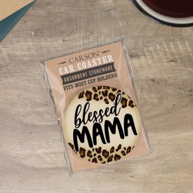 "Blessed Mama Leopard" Round Car Coaster - Packaged