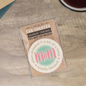 "Mom Blessed" Round Car Coaster - Packaged