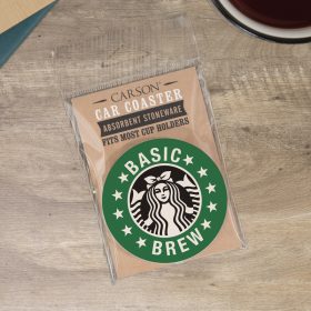 "Basic Brew" Round Car Coaster - Packaged
