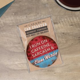 "I Run On Caffeine" Round Car Coaster - Packaged