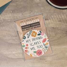 "Scares Me" Round Car Coaster - Packaged