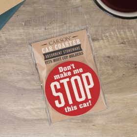 "Stop This Car" Round Car Coaster – Packaged