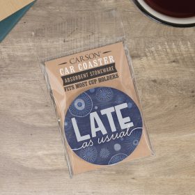"Late As Usual" Round Car Coaster – Packaged