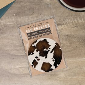 "Cow Hide" Round Car Coaster – Packaged