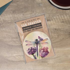 "Dragonfly Floral" Round Car Coaster – Packaged
