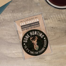 "Hunting 'Til Fishing" Round Car Coaster – Packaged