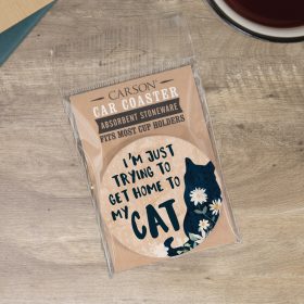 "Home To My Cat" Round Car Coaster – Packaged