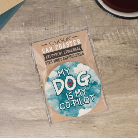 "Dog Co-Pilot" Round Car Coaster – Packaged