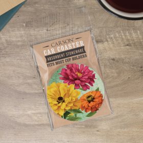 "Nature Zinnias" Round Car Coaster – Packaged