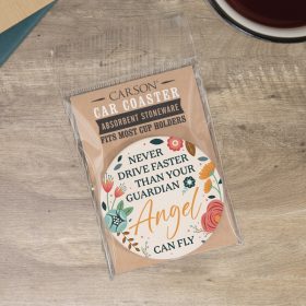 "Angel Can Fly" Round Car Coaster – Packaged