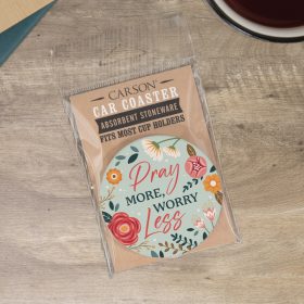 "Pray More" Round Car Coaster – Packaged