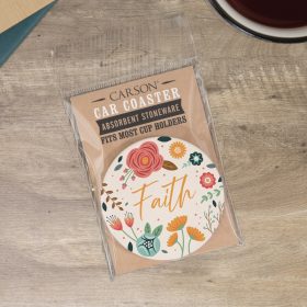 "Floral Faith" Round Car Coaster – Packaged