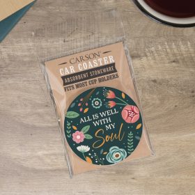 "All Is Well" Round Car Coaster – Packaged