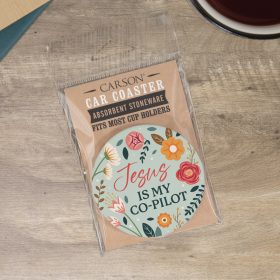 "Jesus Co-Pilot" Round Car Coaster – Packaged