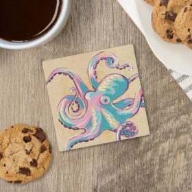 "Watercolor Octopus" Square House Coaster - Bulk