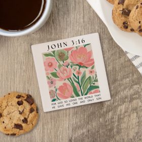 "John 3:16 Floral" Square House Coaster - Bulk