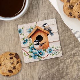 "Chickadee Birdhouse" Square House Coaster - Bulk