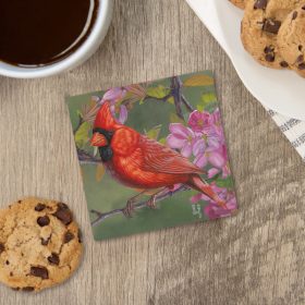 "Cardinal On Pink Flowers" Square House Coaster - Bulk
