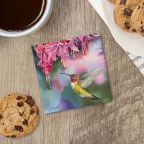 "Hummingbird And Bleeding Hearts" Square House Coaster - Bulk