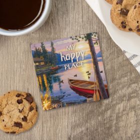 "Happy Place Lake" Square House Coaster - Bulk
