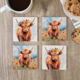 Highland Cow Square House Coaster - Set