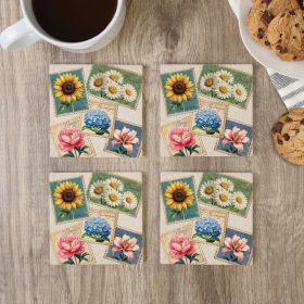 "Floral Stamps" Square House Coaster Set