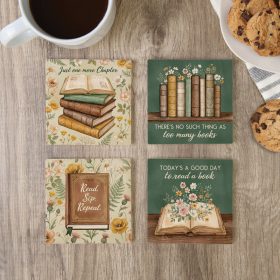 "Book Lovers" Square House Coaster Set