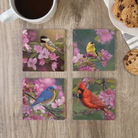 "Mixed Bird Pink Flower" Square House Coaster Set