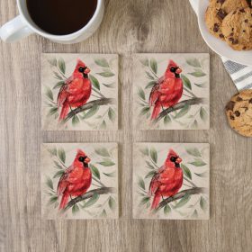 "Red Cardinal On Branch" Square House Coaster Set