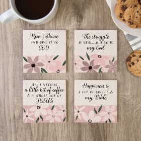 "Religious Pink Floral" Square House Coaster Set